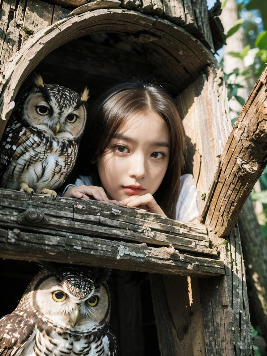 ((Top Quality)), ((Masterpiece)), ((Details)), upper body, (big eyes: 1.2), ((close-up: 1.2)), More Saturation, strong reflections, bright shade, Place the girl in the foreground at large, ((Surrealism: 1.3)), secret door, guard dog, owl, girl, "In the heart of an overgrown forest, a girl discovers a secret door hidden within the roots of an ancient tree. A vigilant watchdog guards the entrance, while an owl perches silently above, its keen eyes reflecting the mysteries beyond the door."