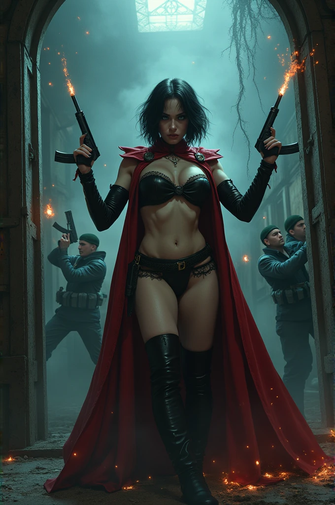 Beautiful and sexy undead vampire gothic girl with short dark hair and blue eyes, Big big butts, super muscular ,  Super strong and huge short red cape lingerie , Waders, BBW stockings hits and smashes an iron gate with her fists with force, hitting it until it is deformed. She is in a Russian underground military complex and the guards shoot many bullets at her with their machine guns.. She grabs two guards by the neck with her hands, lifting them into the air.