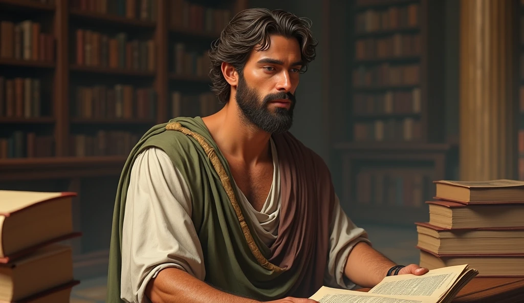 A young, handsome Stoic philosopher with a well-proportioned and attractive physique, sun-kissed skin, very short and well-trimmed beard, and wavy and well-styled hair. He is dressed in classic tunics in soft earthy tones - gray, brown, and olive green - with subtle gold and copper details, which fall gently on his body, subtly revealing his shoulder. He is depicted amidst ancient Roman scrolls and texts in a grand library, symbolizing the pursuit of realism and clarity.
The scene is painted in an impressionist style, with dramatic brushstrokes Camera shot: medium shot, Camera: Nikon D850, Lens: 85mm, Film stock/Resolution: High Resolution, Quality: 4K, hyperrealistic, Render: Unreal Engine 5.