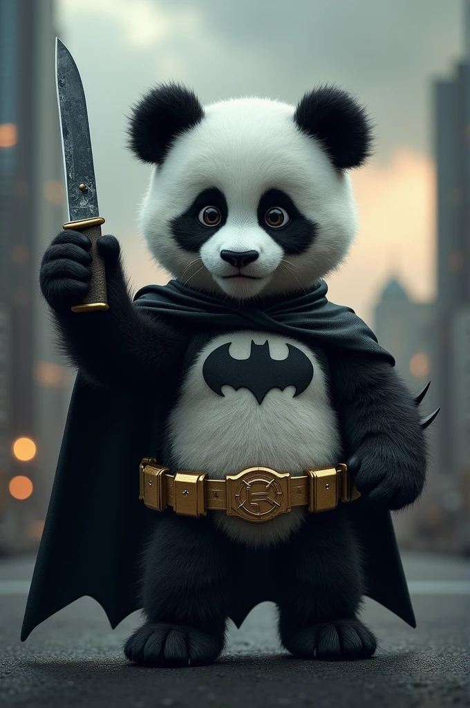 A cute panda dressed as Batman with a knife