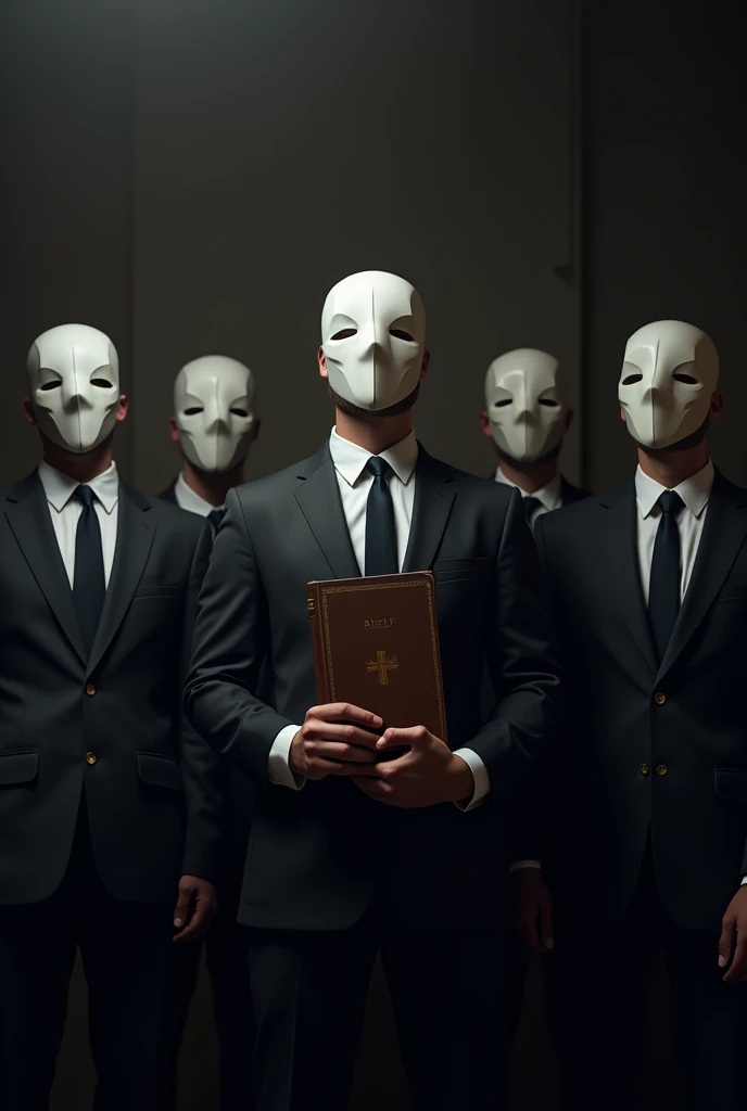 5 men in suits and with their faces covered by masks standing side by side holding a bible with a light dark background