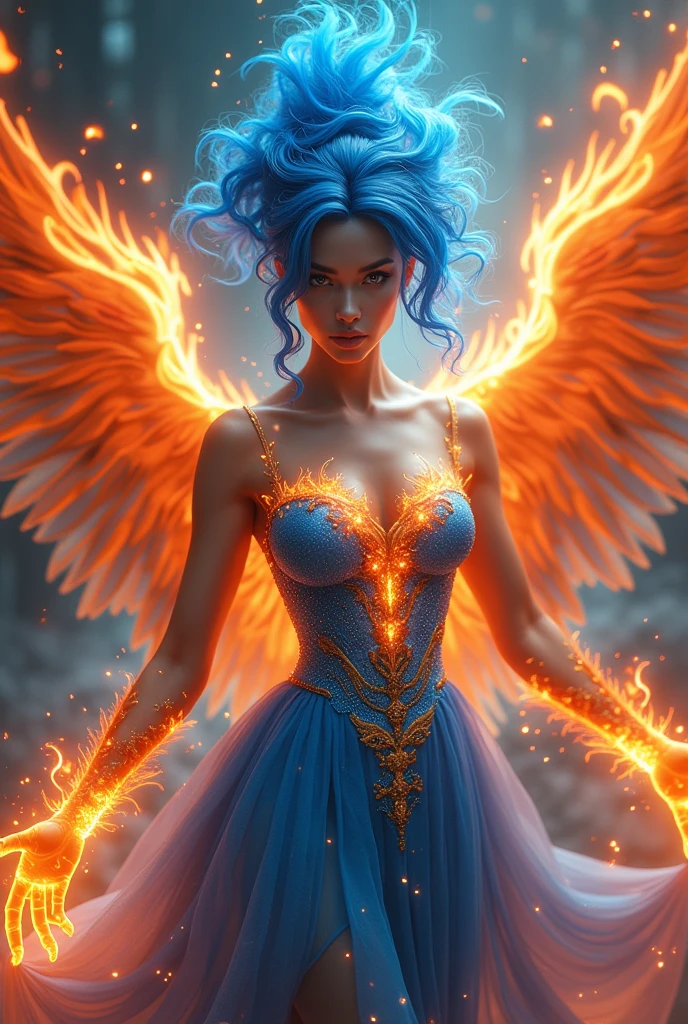 ((masterpiece, highest quality, Highest image quality, High resolution, photorealistic, Raw photo, 8K)), ((Extremely detailed CG unified 8k wallpaper)), (huge stunning goddess shot, very hot and sexy, jaw-dropping beauty, perfect proportions, beautiful body, slim body beauty:1.4), A beautiful phoenix empress, fiery blue hair, gazing into the camera with shimmering eyes, surrounded by flames, Blue sparks popping, huge wings of fire, wearing ablue and gold dress made of flames,