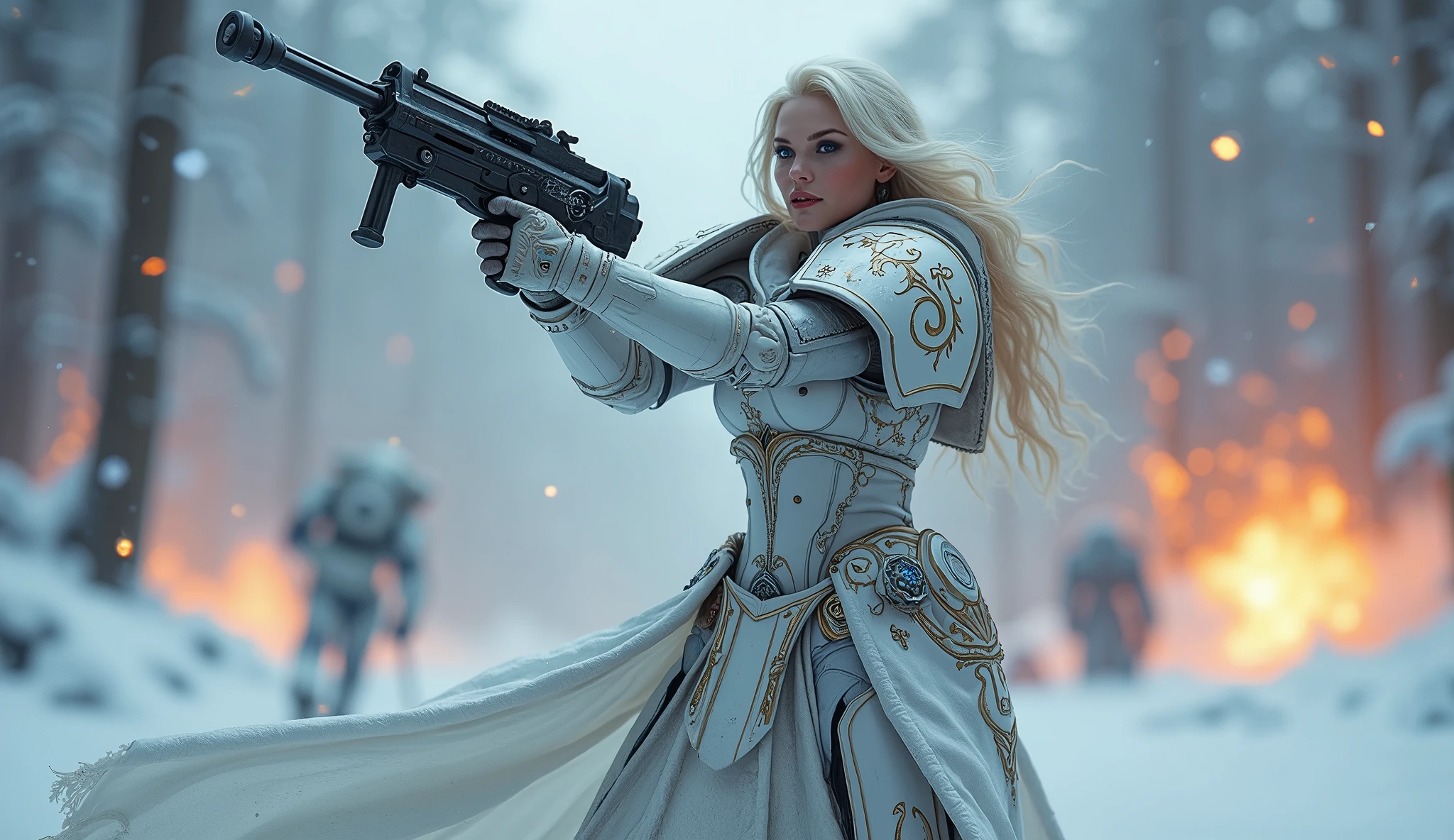 a beautiful woman with long platinum blonde hair, porcelain skin, ice blue eyes, sexy sisters of battle from the warhammer 40k, shooting at the enemy, rwhite space marine armor with intricate details, religous symbols on the armor, sisters of battle, warhammer 40k, Massive silicone breast, pale skin, seductive, temptation, eat your soul, clevage, , standing in a magical winter wonderland with snow-covered trees and frozen lakes, intricate ice crystals and snowflakes surrounding her, (best quality,4k,8k,highres,masterpiece:1.2),ultra-detailed,(realistic,photorealistic,photo-realistic:1.37),fantasy,digital art,cinematic lighting, highly detailed armor, intricate futuristic weaponry, gritty and realistic, mecha, science fiction, hyper-detailed, photorealistic, award winning digital art, 8k, HDR, masters work, in the middle of a battle field, full body combat action pose, explosions and fire around, full war, stunning, Stilleto heels, high heels, full body pose, cinematic, dust and debree, combat screams, attacking, shooting at the enemy, sisters of battle, warhammer 40kdramatic color palette,frozen landscape,ice powers,snow queen