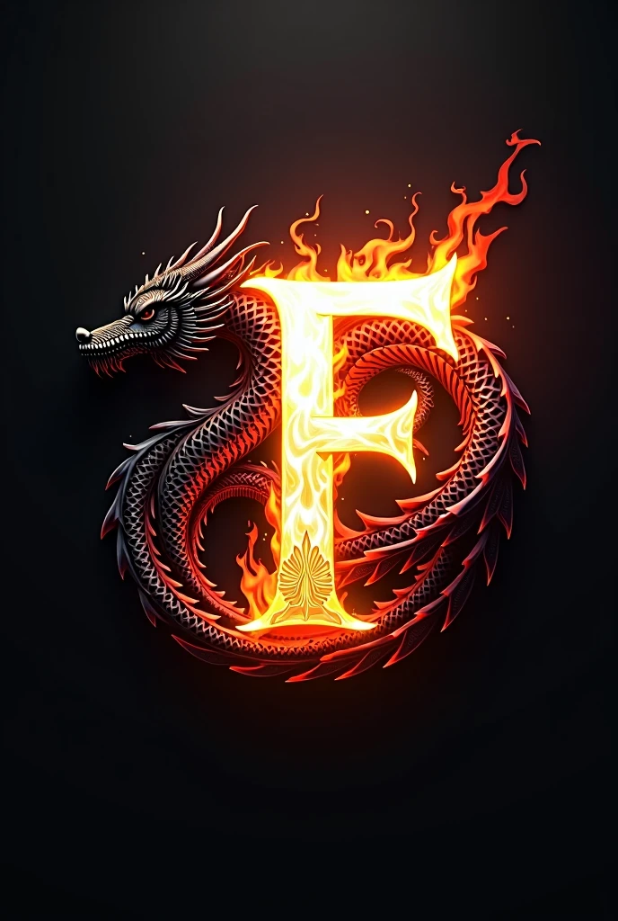 logo where there is the white letter F with a black border in flames and around the logo 2 black and red dragons