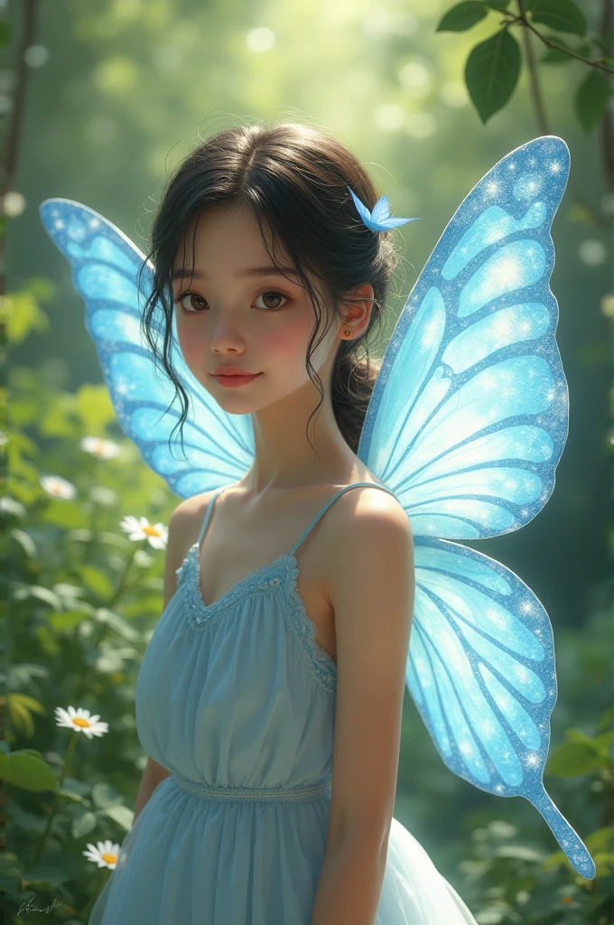 Girl with light blue butterfly wings