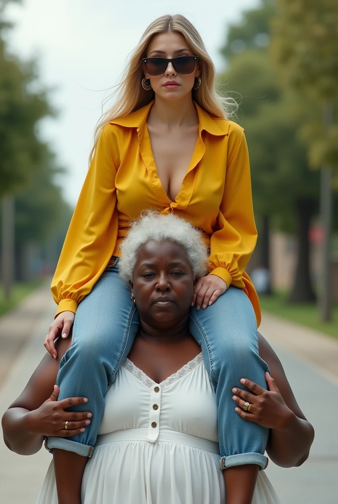 Create a photo of a 30 year old young woman, with a slender and beautiful body, with hoop earrings, wearing jeans and a long yellow tight blouse, with white and clear skin, with long light hair and wearing sunglasses and being carried on the shoulders of a 90 year old elderly lady, obese, dark black skinned and wearing a white dress