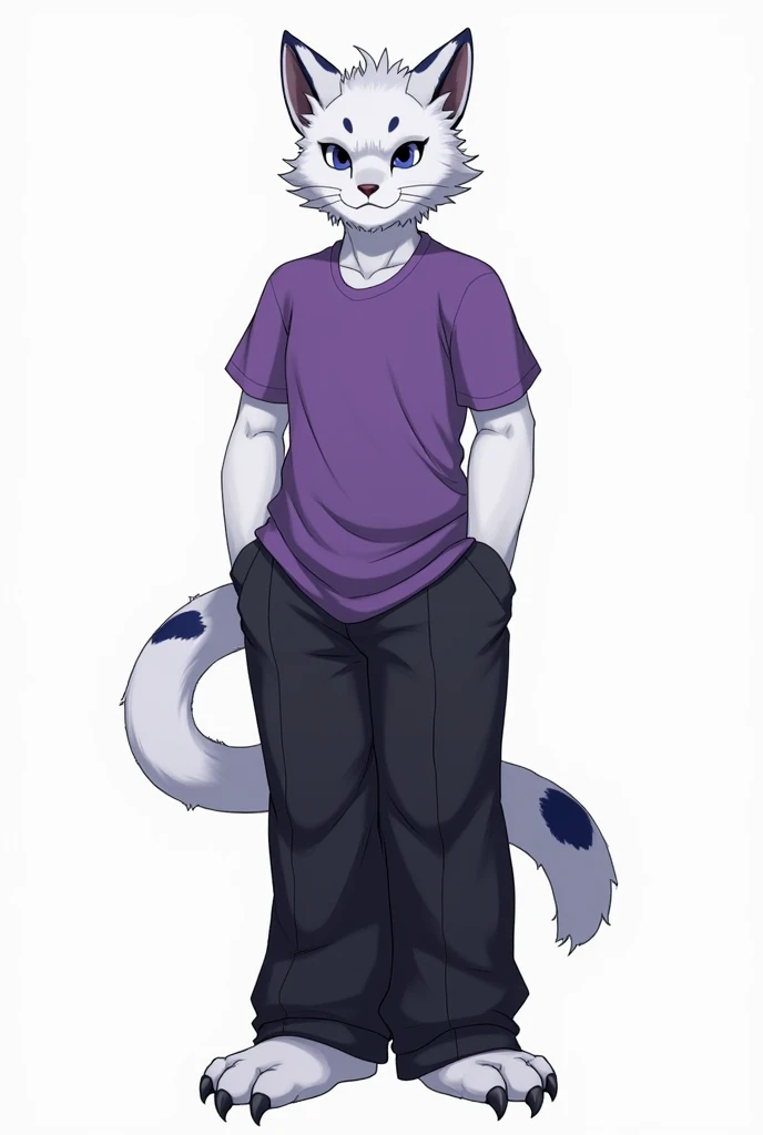 werecat, fluffy, cat, guy, blue, purple eyes, dark blue spots on the body, fluffy short tail, dog ears, purple short-sleeved shirt, black long trousers, long claws, serious, full height, one, animal ears, fluffy, a grown-up guy, black shirt, serious, black gloves on his hands,((reference sheet))