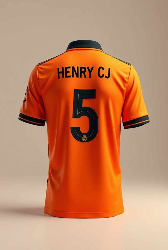 Real Madrid orange polo shirt, just the polo shirt, no people and a mannequin with the number 5 with the name HENRY CJ as realistic as possible on the back with a black collar and sleeve, the name HENRY CJ without the mannequin, just the polo shirt, just the shirt, nothing else. 




