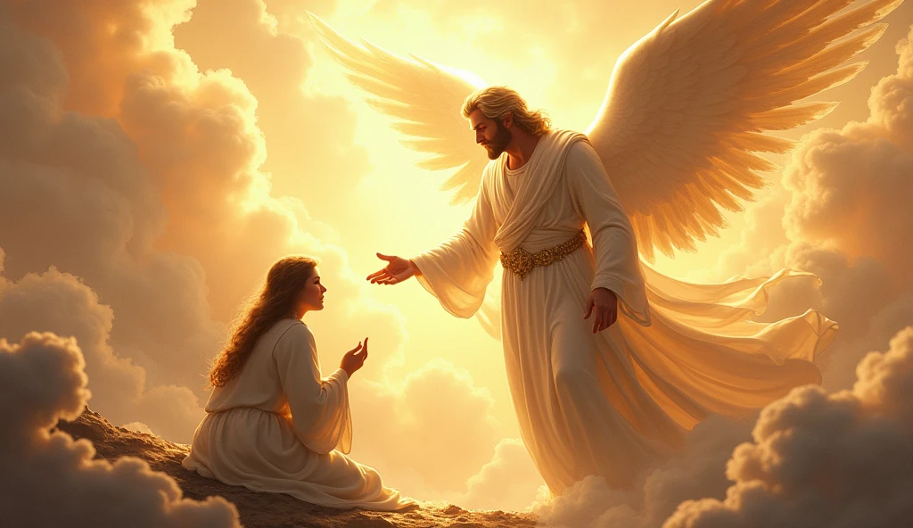 A male angel talking to a kneeling person.