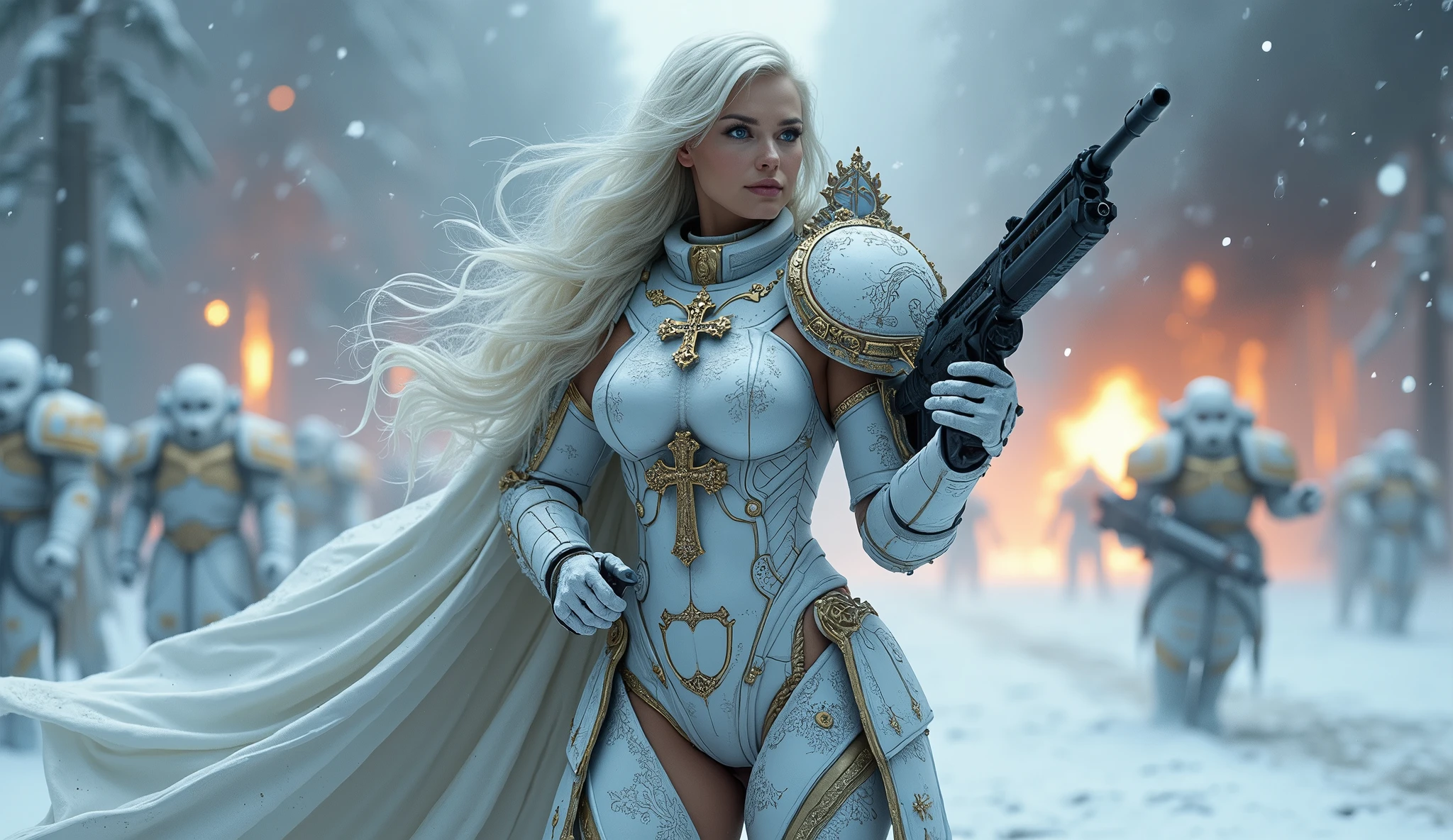 a beautiful woman with long platinum blonde hair, porcelain skin, ice blue eyes, sexy sisters of battle from the warhammer 40k, shooting at the enemy, rwhite space marine armor with intricate details, religous symbols on the armor, sisters of battle, warhammer 40k, Massive silicone breast, pale skin, seductive, temptation, eat your soul, clevage, , standing in a magical winter wonderland with snow-covered trees and frozen lakes, intricate ice crystals and snowflakes surrounding her, (best quality,4k,8k,highres,masterpiece:1.2),ultra-detailed,(realistic,photorealistic,photo-realistic:1.37),fantasy,digital art,cinematic lighting, highly detailed armor, intricate futuristic weaponry, gritty and realistic, mecha, science fiction, hyper-detailed, photorealistic, award winning digital art, 8k, HDR, masters work, in the middle of a battle field, full body combat action pose, explosions and fire around, full war, stunning, Stilleto heels, high heels, full body pose, cinematic, dust and debree, combat screams, attacking, shooting at the enemy, sisters of battle, warhammer 40kdramatic color palette,frozen landscape,ice powers,snow queen