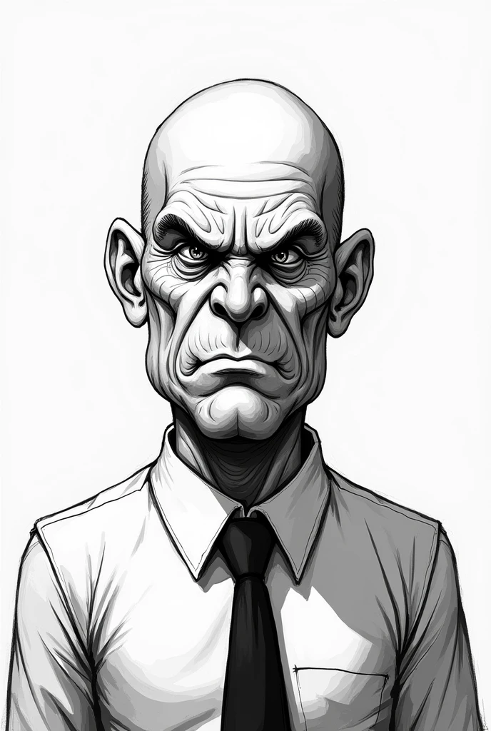 Black and white 2d drawing of an angry looking teacher