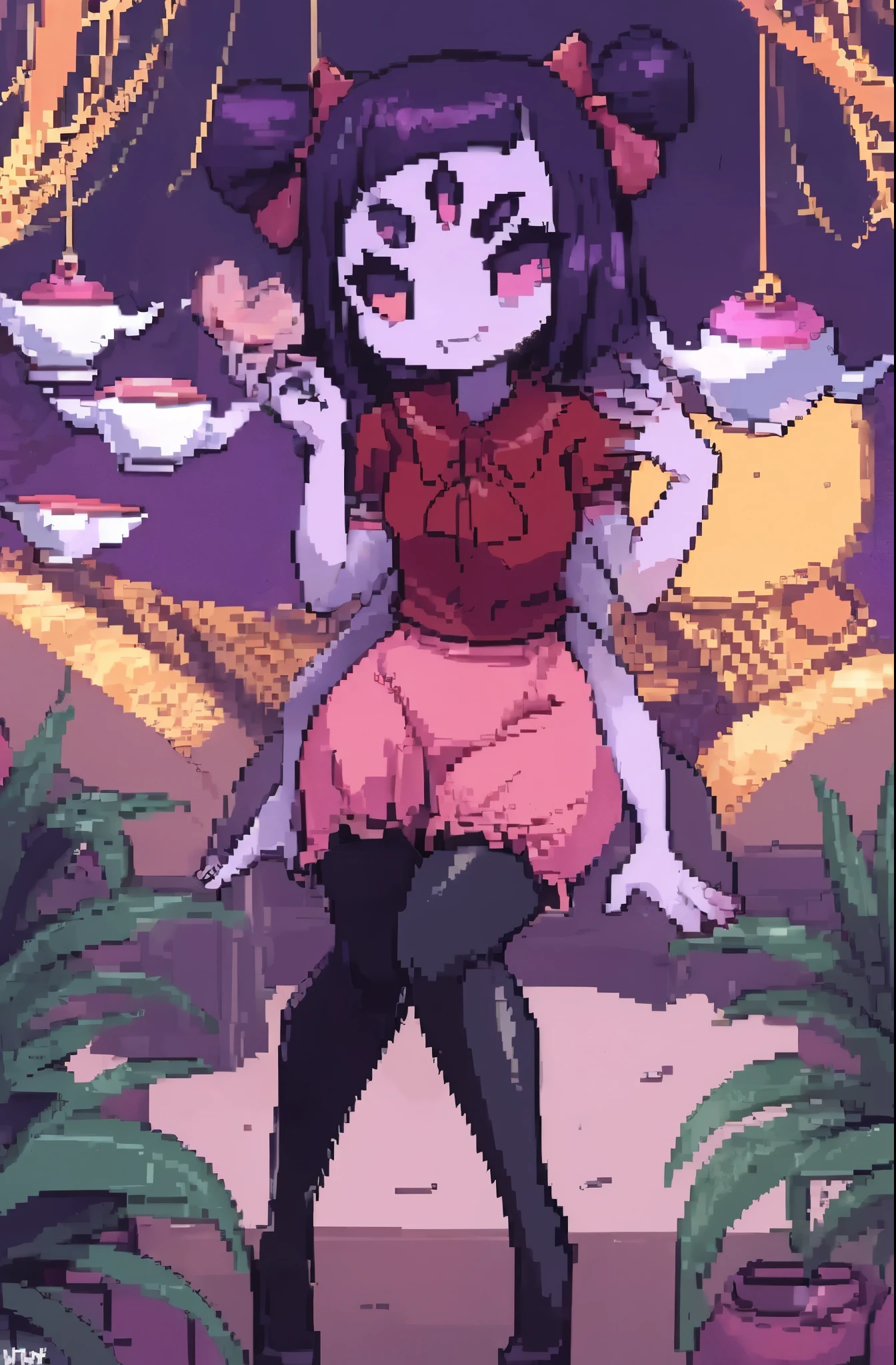 pixel,pixel art,8k,wallpaper of extremely detailed CG unit, masterpiece,hight resolution,top-quality,top-quality real texture skin,hyper realisitic,increase the resolution,RAW photos,best qualtiy,highly detailed,the wallpaper,cinematic lighting,ray trace,golden ratio, BREAK ,score_9, score_8_up, score_7_up, score_6_up, score_5_up, score_4_up, source_anime,source_furry,rating_safe,rating_questionable,masterpiece, best quality, perfect anatomy , very aesthetic , absurdres,solo,1girl\(muffet,cute,chibi,monster girl,purple skin,humanoid, arachnid, anthro,(fangs),twin tails,hair bow,5 eyes,spider girl,6 arms, 6 hands,black sclera,red eyes, evil smile, clothed, holding teapot, holding teacup,beautiful spider webs, tight red shirts,pink ribbon tie, tight pink bloomers,pouring tea into teacup,black arm cover, black pantyhose,\), from below,cute pose,small spiders,dynamic angle