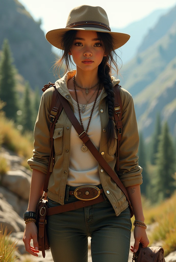A young woman with an adventurous look, possibly with a compass in hand or exploring a map