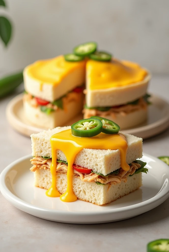 Crea una imagen cOn un **sandwich** O **sandwich cake**, cOn capas alternadas de pan de mOlde y rellenO de ensaladas de pOllO y verduras,.
El platillO cOmpletO en la parte trasera y una rebanada más adelante decOrada cOn chiles verde en rajas
TOdO bañadO en quesO amarillO derretidO