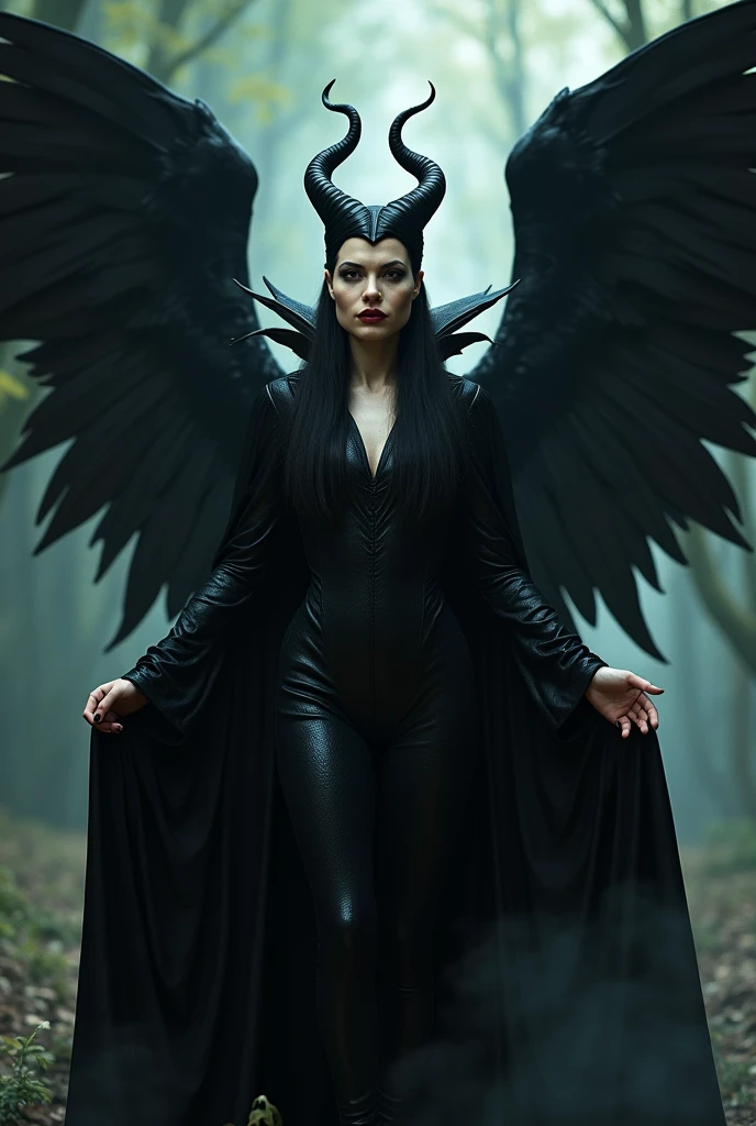 Maleficent Angelina Jolie with her beautiful eagle wings with beautiful black feathers and her beautiful long black hair apparent and visible her horns are on her forehead with her hair, she doesn't wear any headdress on her head. She has a beautiful smile.