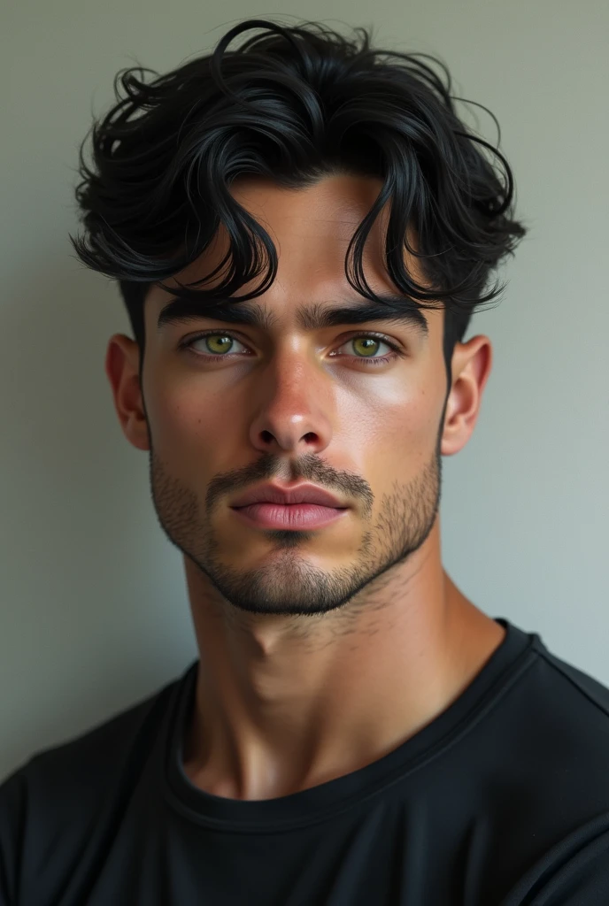 Realistic image Swiss guy 20 years old with black wavy hair green eyes muscular serious personality