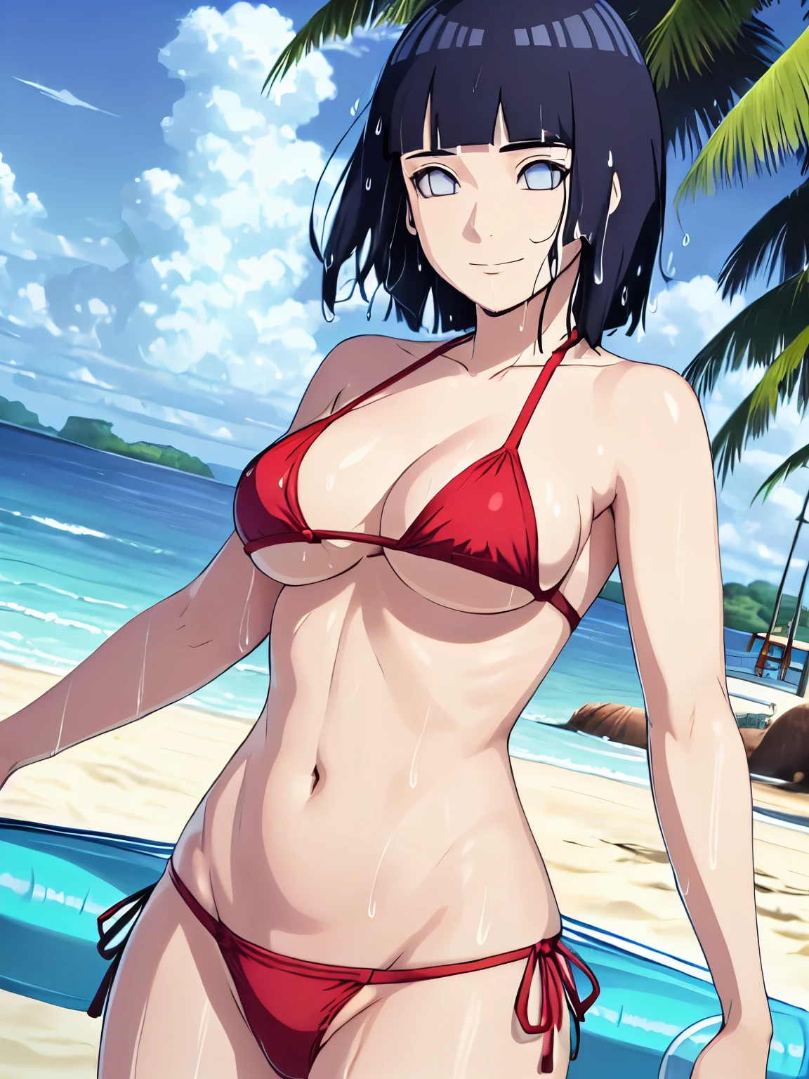 (hinata\(boruto\), (high quality:1.8), upper body:1.5, (curvy body:1.5), (detailed wet:1.4), (ultra detailed body:1.4), (one ARM UP:1.4), (beach:1.7), (anime, tall woman, cowboy shot, (defined biceps arms:1.2), ((red thong, bare arms, bare arms, bare shoulders)), (long belly:1.5), (red halter:1.1), (wide shoulders, off-shoulders), smile), ((big breasts:1.0)) ,(cleavage:1.0), closed mouth), ((pale skin)). ((dark blue:1.3, short hair, hime cut، loose hair, floating hair, floating hair:1.0),
