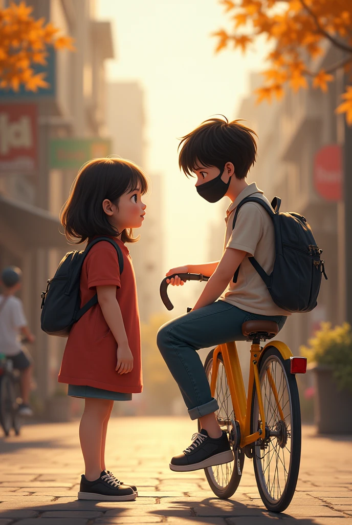 A chubby girl with 153cm and 57kg talking with a 5 inch taller boy wearing a black face mask and sitting on a yellow bicycle with a black and white shoe and eye contact