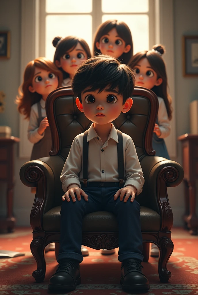 a boy sitting on the Professional chair and three innocent girl Standing behind the chair