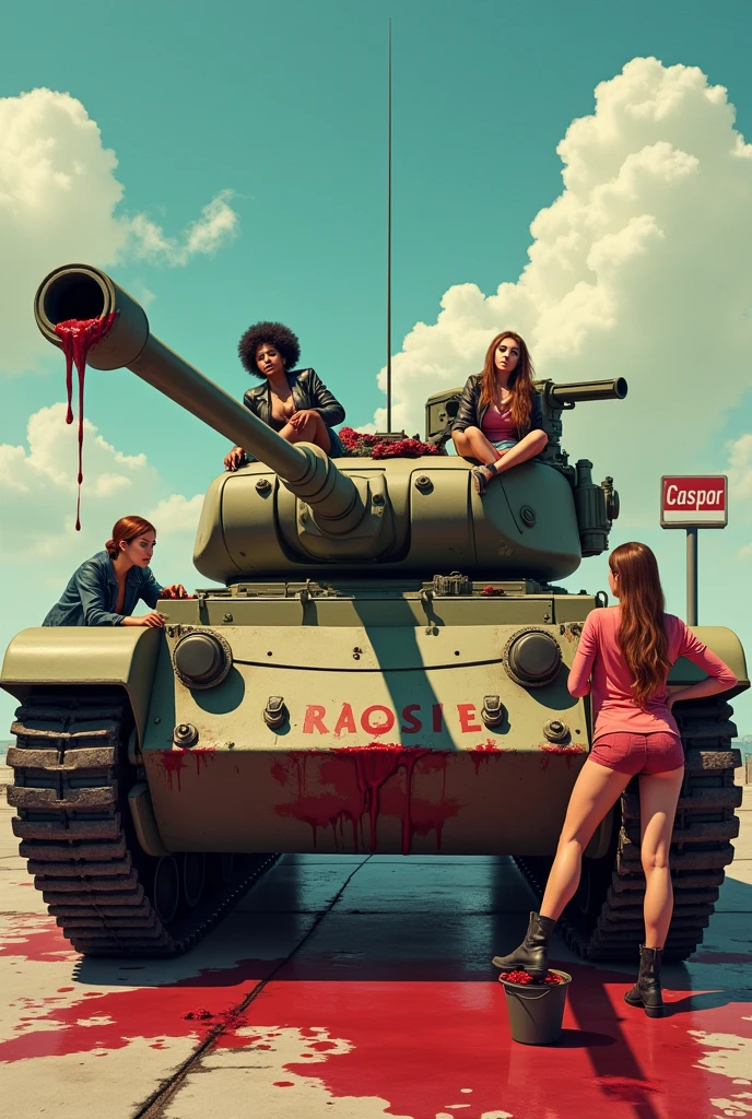 A group of beautiful women are cleaning a huge, worn-out military tank covered in blood stains. They are scattered around the machine: A woman is lying on top of the tank, Another is leaning forward cleaning one of the stains, while two more stand on the sides, working with sponges and buckets of water. The women wear combat boots and display different skin tones and hair styles., while one of them is wearing a leather jacket and a military cap, sitting casually on top of the tank watching the others. The tank has the name &#39;Rosie&#39; written on its side, and the scene has a sunny background with fluffy clouds and a bus stop sign in the background, adding a surreal and provocative tone to the scene