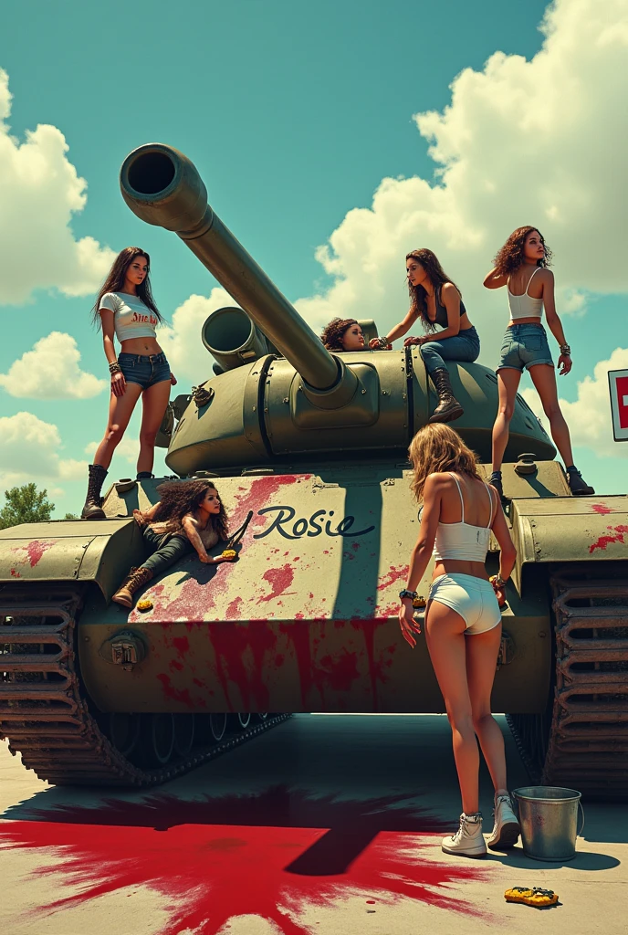 A group of beautiful women are cleaning a huge, worn-out military tank covered in blood stains. They are scattered around the machine: A woman is lying on top of the tank, Another is leaning forward cleaning one of the stains, while two more stand on the sides, working with sponges and buckets of water. The women wear combat boots and display different skin tones and hair styles., while one of them is wearing a leather jacket and a military cap, sitting casually on top of the tank watching the others. The tank has the name 'Rosie' written on its side, and the scene has a sunny background with fluffy clouds and a bus stop sign in the background, adding a surreal and provocative tone to the scene