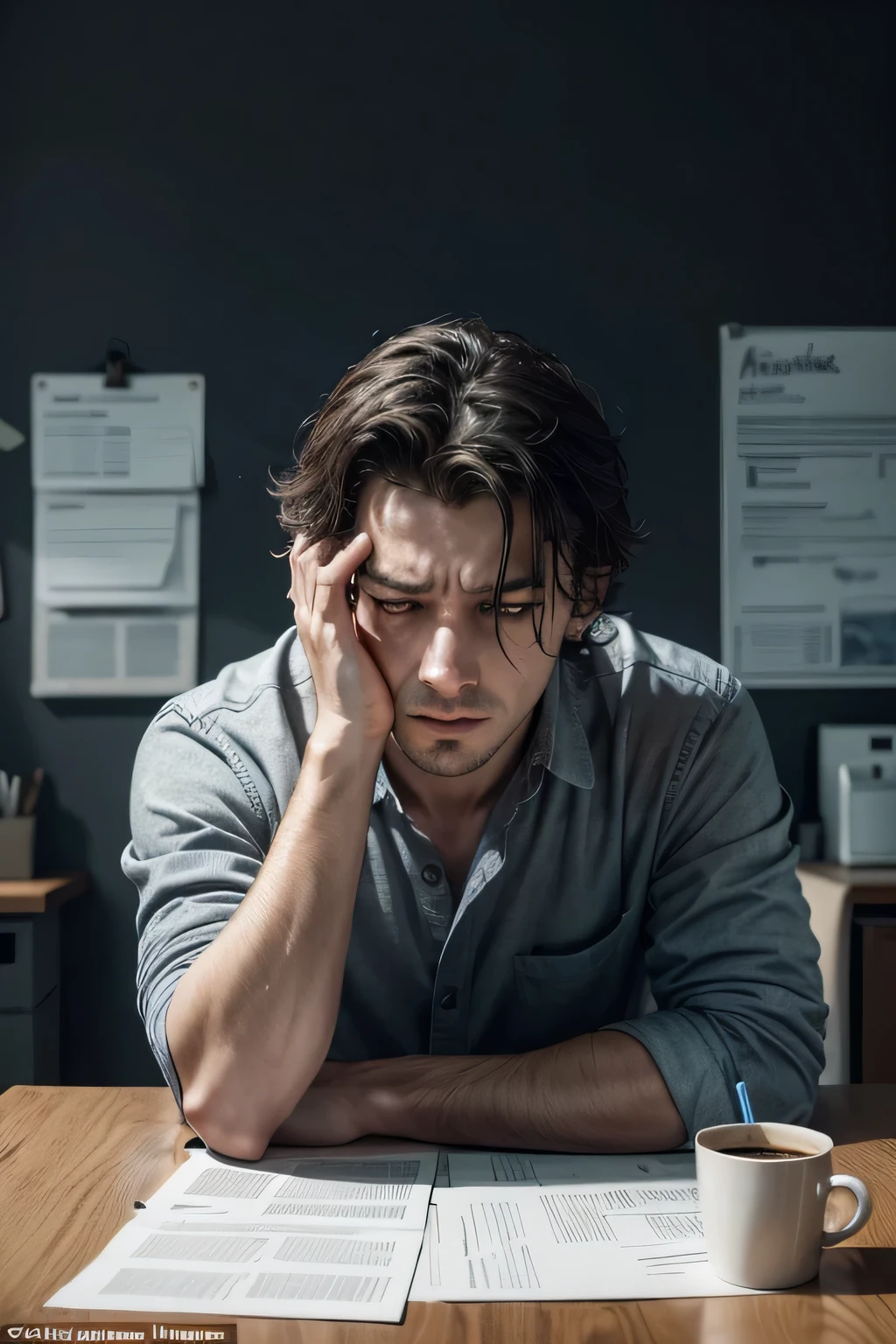 An exhausted and miserable businessman, sitting alone in his spacious office, slams his hand on the polished desk with frustration to release his pent-up anger.