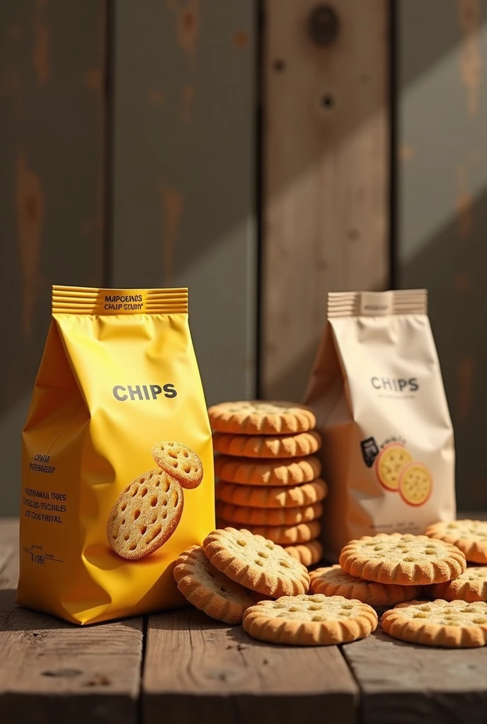 bagged chips and sweet biscuits in their package on a wooden table