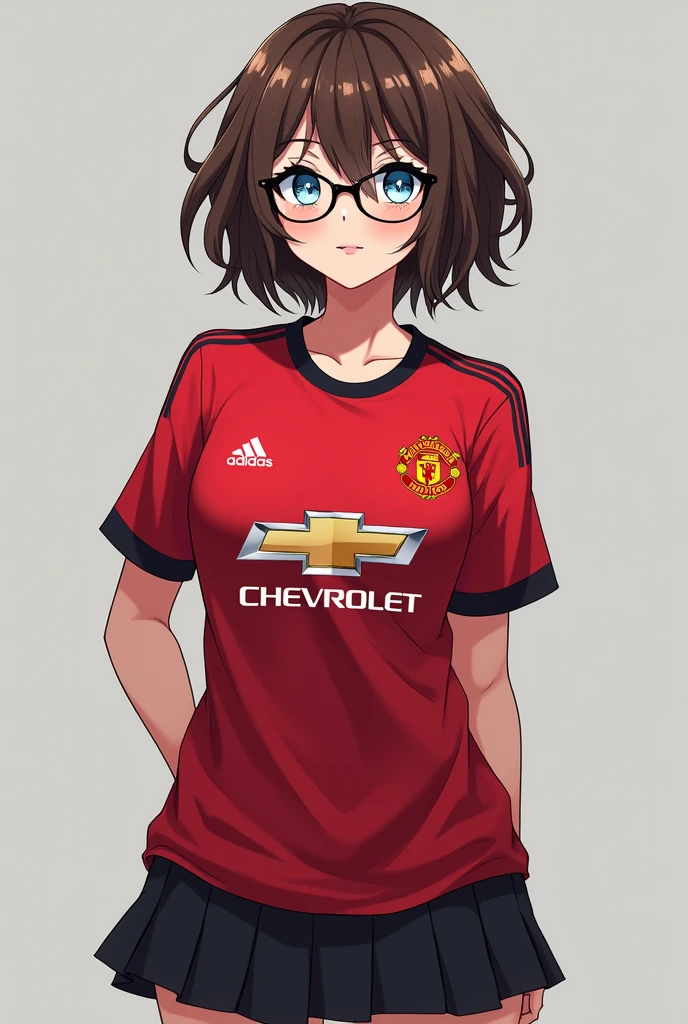 anime girl, with black glasses, short brown hair, blue eyes, beautiful face, a short black skirt, voluptuous with big breasts , and a Cristiano Ronaldo shirt from Manchester United
