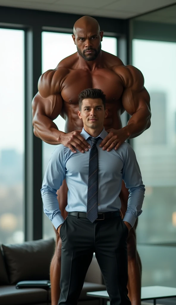 ( tall fitness bodybuilder Amanda Righetti strong woman hands )(woman hands holding at neck of shorter man head at her neck level from behind )(standing whole body tall comparison) (very different tall heights)(wearing office manager )(close to windows ) . High resolution. 8K, very high definition,real people captured camera ., photo