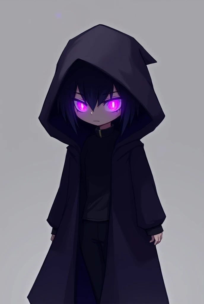 A character wearing a black coat, and the face is hidden by the hood, you can only see the eyes glowing purple. You can&#39;t see anything else of the face. chibiboy