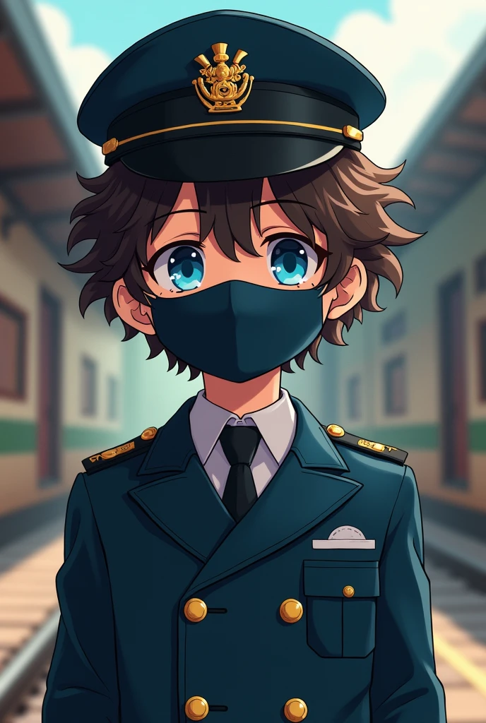 Japanese anime manga style young boy dressed in a train conductor&#39;s suit and cap with a face completely covered by a mask where we can see his blue eyes and his hair in the shape of large brown curls