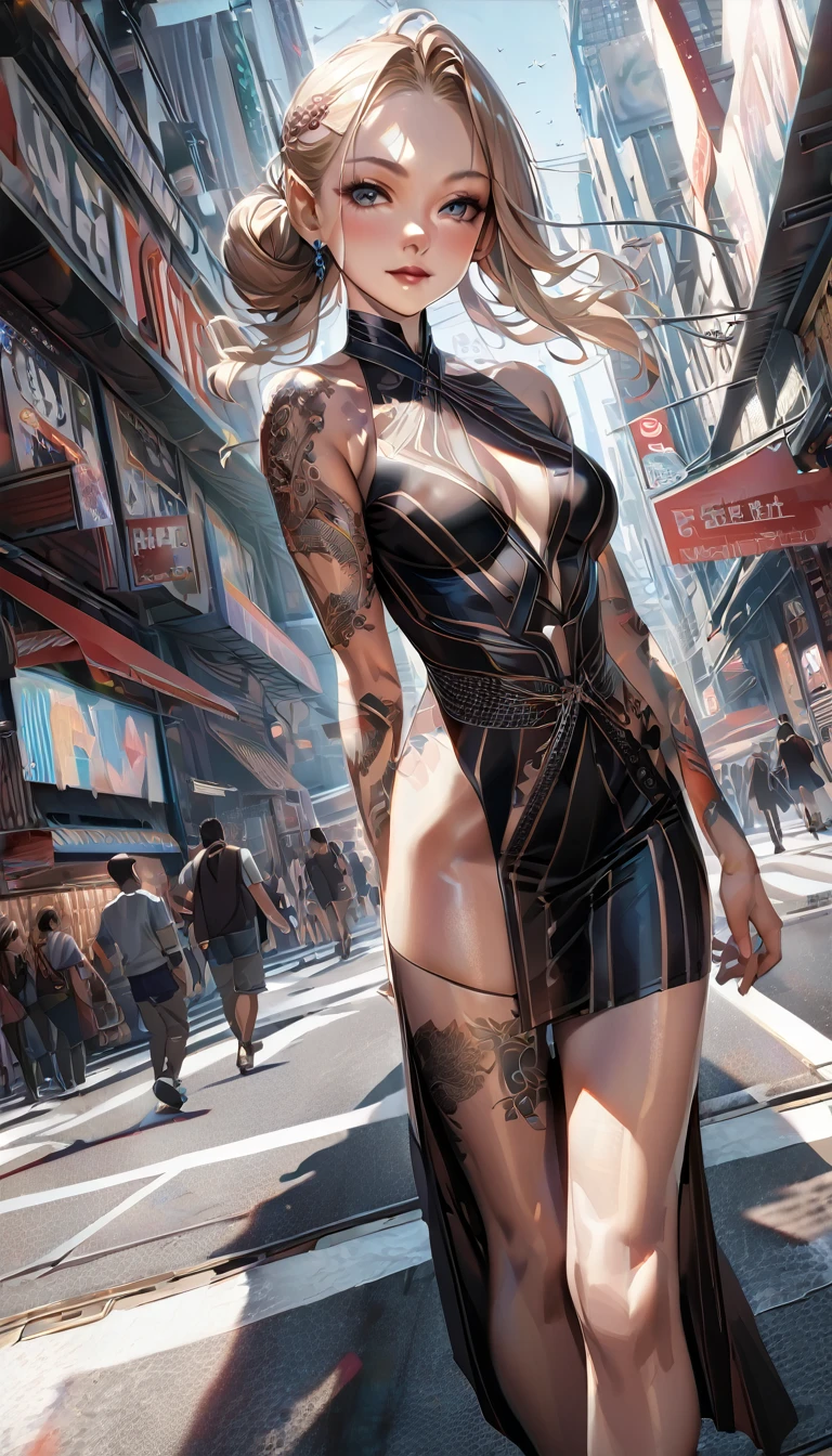 Late 30s woman, Sandy blonde hair in a messy bun, small bust, colorful geometric tattoos everywhere, wearing a sheer bodycon dress, catwalk strutting in a crowded street, (wide angle:1.27) (full length portrait), 8k, photorealistic masterpiece, intricately detailed tattoos, detailed eyes and lips, light smile, bright blue eyes, detailed hands, best hands, human anatomy, perfect anatomy