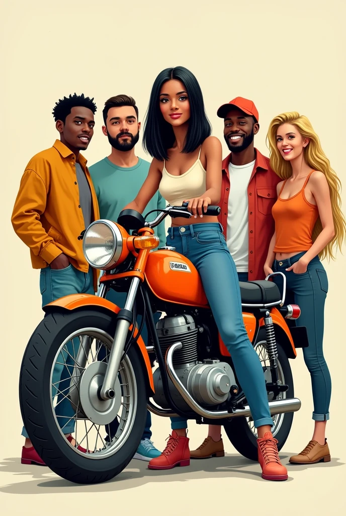 Drawing of a thin white woman with straight black hair on an orange Honda biz and her friends standing 2 dark-skinned men 1 white man with a beard and a cap and 1 tall blonde woman 1 fat white woman with black hair