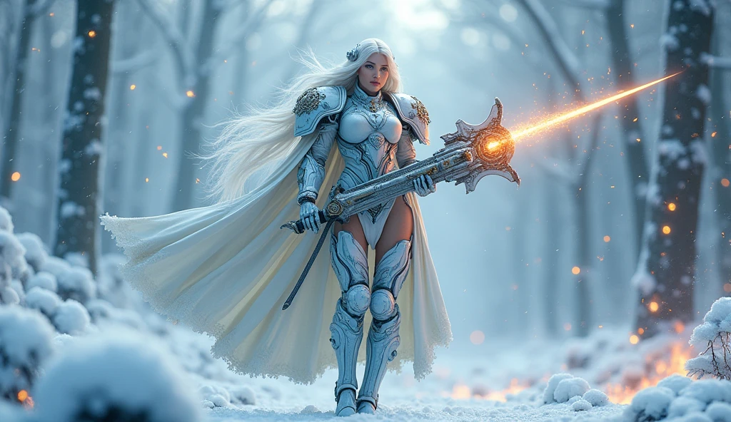a beautiful woman with long platinum blonde hair, porcelain skin, ice blue eyes, sexy sisters of battle from the warhammer 40k, shooting at the enemy, frosty white and light blue space marine armor with intricate details, religous symbols on the armor, sisters of battle, warhammer 40k, Massive silicone breast, pale skin, seductive, temptation, eat your soul, clevage, , standing in a magical winter wonderland with snow-covered trees and frozen lakes, intricate ice crystals and snowflakes surrounding her, (best quality,4k,8k,highres,masterpiece:1.2),ultra-detailed,(realistic,photorealistic,photo-realistic:1.37),fantasy,digital art,cinematic lighting, highly detailed armor, intricate futuristic weaponry, gritty and realistic, mecha, science fiction, hyper-detailed, photorealistic, award winning digital art, 8k, HDR, masters work, in the middle of a battle field, full body combat action pose, explosions and fire around, full war, stunning, Stilleto heels, high heels, full body pose, cinematic, dust and debree, combat screams, attacking, shooting at the enemy, sisters of battle, warhammer 40kdramatic color palette,frozen landscape,ice powers,snow queen