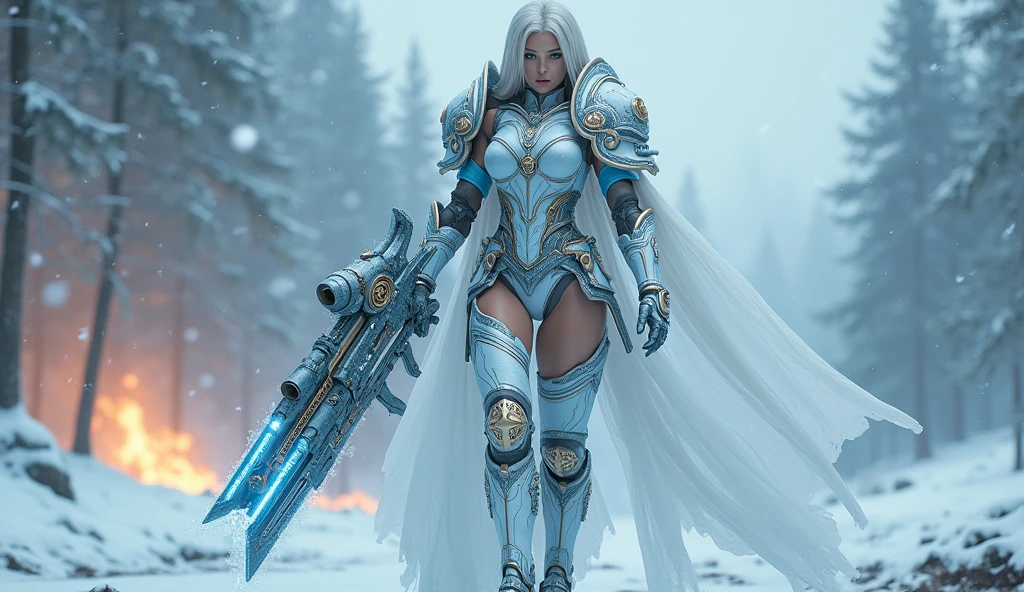 a beautiful woman with long platinum blonde hair, porcelain skin, ice blue eyes, sexy sisters of battle from the warhammer 40k, shooting at the enemy, frosty white and light blue space marine armor with intricate details, religous symbols on the armor, sisters of battle, warhammer 40k, Massive silicone breast, pale skin, seductive, temptation, eat your soul, clevage, , standing in a magical winter wonderland with snow-covered trees and frozen lakes, intricate ice crystals and snowflakes surrounding her, (best quality,4k,8k,highres,masterpiece:1.2),ultra-detailed,(realistic,photorealistic,photo-realistic:1.37),fantasy,digital art,cinematic lighting, highly detailed armor, intricate futuristic weaponry, gritty and realistic, mecha, science fiction, hyper-detailed, photorealistic, award winning digital art, 8k, HDR, masters work, in the middle of a battle field, full body combat action pose, explosions and fire around, full war, stunning, Stilleto heels, high heels, full body pose, cinematic, dust and debree, combat screams, attacking, shooting at the enemy, sisters of battle, warhammer 40kdramatic color palette,frozen landscape,ice powers,snow queen