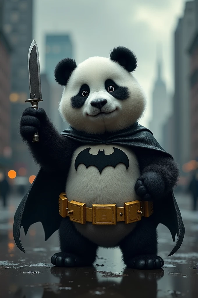 A cute panda dressed as Batman with a knife
