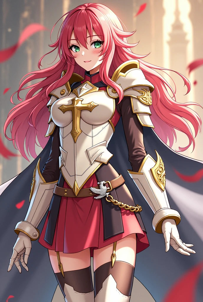 Make it anime-style, Human Skyler is a beautiful girl with long straight hair., of a vibrant red hue, that have wavy locks, providing it with volume. Her bangs are wavy and slightly disheveled., partially covering your forehead and part of your eyebrows.
Your face radiates happiness, with an angry grin savage battle expression, your delicate and fine features, highlighted by freckles on the cheeks and a straight nose. Her big, bright eyes are green, standing out like precious gems. Thin eyebrows add intensity to your look.
Skyler is wearing a short, tight dress, strapless and with a straight neckline, in a scarlet tone that highlights your beautiful curves, while the skirt falls elegantly to mid-thigh.
Skyler wears a compact off-white metal breastplate that covers only her bust., with thick golden edges, leaving the shoulders and part of the abdomen unprotected. In the center of the chest, there is a small gold cross with slightly flared arms and tips that resemble arrows.
in the arms, long dark silk gloves extend past the elbows, each glove is equipped with a rectangular metal plate integrated into the back of the hands. On the forearms, whitish metal guards extend, integrating with the elbow pads, both decorated with golden flames on their surface.
Fitted to the waist, is a black leather belt with a gold buckle, where a long sword is sheathed. She wears black silk stockings that cover her legs above the knees.. The leg guards are white steel with gold flame details., covering the lower legs. Your boots are high, reaching below the knees, with integrated shin guards and robust triangular-shaped knee pads.
Over the shoulders, Skyler wears a long black cape with red lining, held by a silver griffin brooch, that flows elegantly along your back.