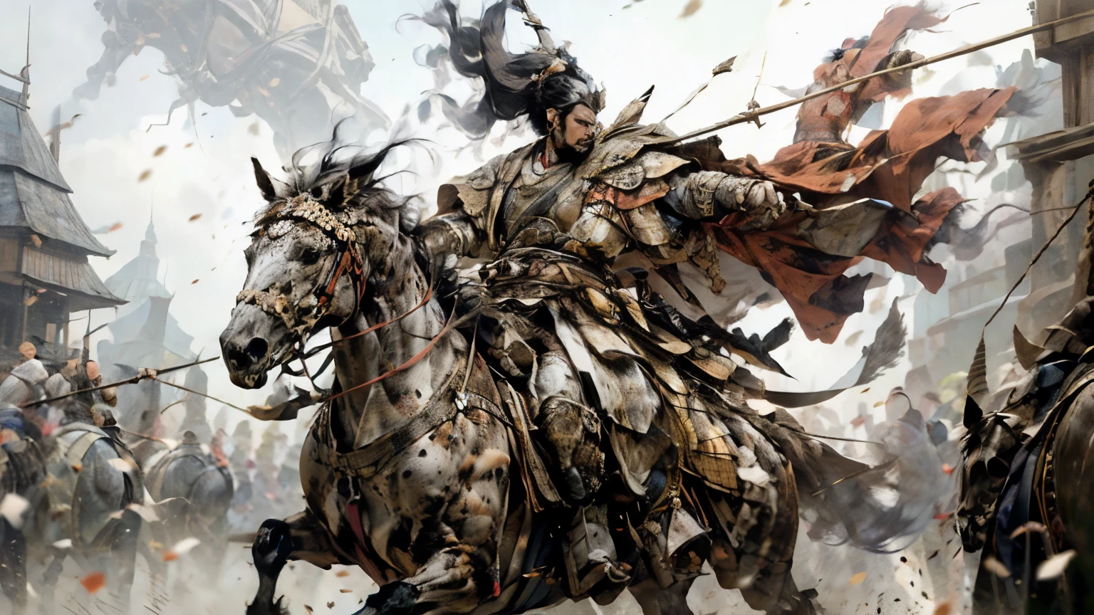 8k, cavalry, Horseback riding with a bow and arrow,  Heroic Warlord,Gorgeous oversized armor(An elaborately crafted noble coat of arms),Elegant outfit,Ultra-high resolution,完璧なバLance,Red Mother Clothes, Surreal, unity,Martial Arts, Mounted Combat, Realistic Skin,Black Hair Beard,Fierce eyes,Muscular body,background,battlefield,Waist Armor,Delicate hands, Perfect hand shape, Character Art,Battle Scenes,Action Scenes,Action pose,masterpiece,Highest quality realistic RAW photos,Rich colors, Backlight, Cinema Lighting, Film Grain, to be born, 50mm lens, Nikon D850,Realistic Skin,Fantasy art,Character Art,Ultra-high resolution,Realistic scale skins, Dynamic pose,Action pose,spear,sword, male, Pole Arm, Lance, Halbert, Long sword,No defects