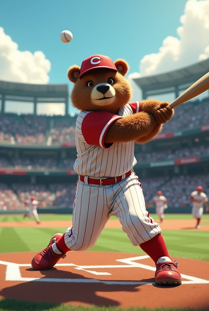 Create an image of a Japanese bear wearing a baseball outfit in the stadium and this bear is hitting with a baseball bat making the baseball fly out of the stadium the stadium was full 4K image high quality photo realistic Made composition in photoshop Cinematic With 50 mm lens background blur the image has to convey Energy creativity of dynamism