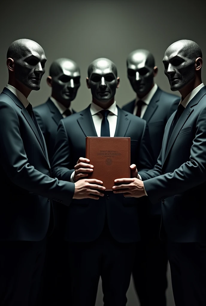 5 men in suits and with their faces covered by good masks side by side holding a bible with a light dark background