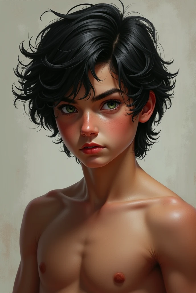Realistic image 1 Swiss boy with black wavy hair green eyes muscular serious personality