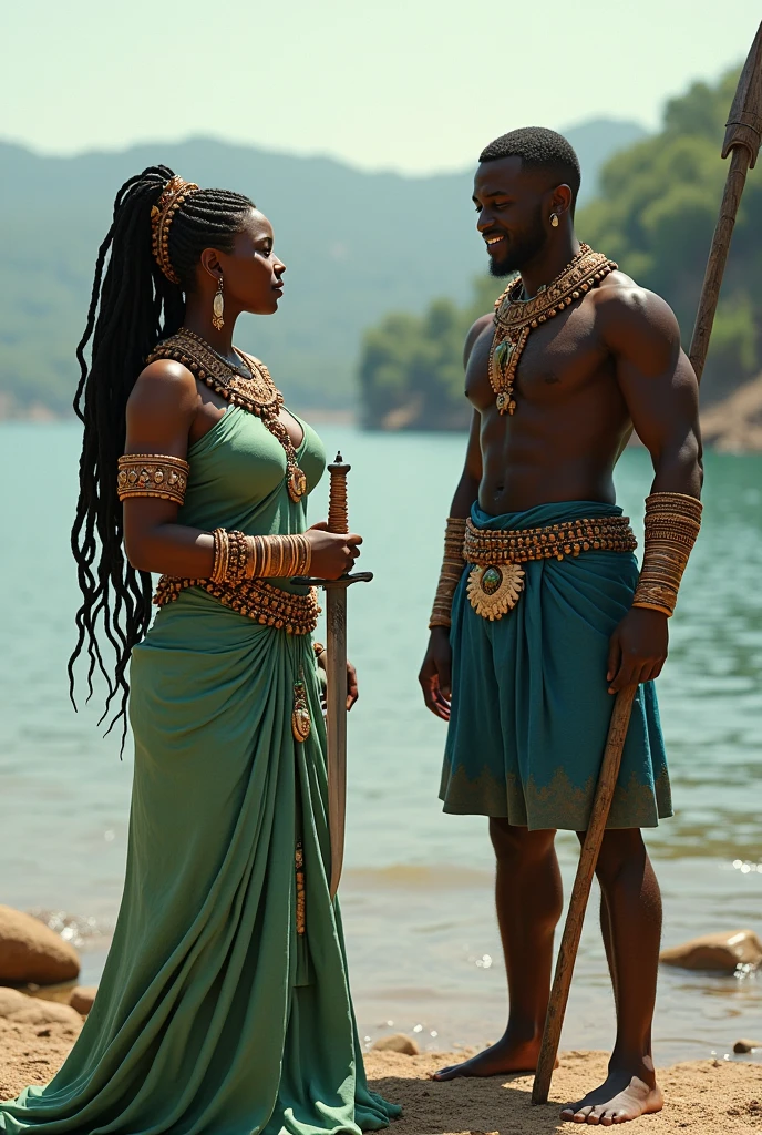 A beautiful black African woman , lush body, long hair decorated with cowries and shells, a scimitar in hand on the riverbank sharpening,  barefoot.wearing light green clothes with cowries , lots of shells and cowries to wear ,pulseiras de cobre  e pedras  no pulso e colares de conchas au 3d , au (close)  Ao lado um homau negro africano olhando a e sorrindo, wearing cobalt blue clothes with a spear ,   Ogun river leaving the continent of Africa in the background  , walking to the riverside ,    imagau hiperrealista.