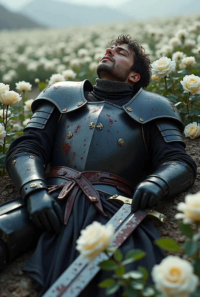 Visualize a knight, wrapped in armor as black as night, Each plaque carved with exquisite white detailing tells stories of ancient battles and past victories. His armor, once a symbol of invincibility, Now it's broken, with deep indentations that reveal the pale, bloody skin beneath. Enemy arrows, adorned with black feathers, are cruelly embedded in his chest and abdomen, Each of them throbbing with the agony of a mortal wound.
The knight, with a pale face and heavy breathing, He is leaning against a rock, his forces exhausted. The rock is rough and cold, a sad consolation in his final moments. Around her lies an endless field of white roses., Its delicate petals are a heartbreaking contrast to the brutality of its fate.. The roses seem to lean slightly towards him, as if they felt the imminence of their end.
in his right hand, He still firmly grips an imposing broadsword, broad-leaved and heavy, almost too big for any common man. The blade of the broadsword, Forged from dark steel and engraved with ancient runes, It is stained with blood and mud, reflecting the battles he has fought. It is half nailed to the ground, as if it had been his anchor in this world, A final gesture of resistance in the face of the inevitable. his eyes, dull and tired, are fixed on the horizon, but his mind is not there; in his last vision, go to his beloved.
She appears before him, ethereal and beautiful, with a white dress fluttering gently in the wind. His face is full of sadness, but also of an immortal love. He knows it's an illusion, a consolation of his mind in his last moments, but still, smile with pain. His heart beats one last time as he remembers her laughter, his voice, and the warmth of their hugs. At this moment, The knight is not alone; is with her, even if it's just