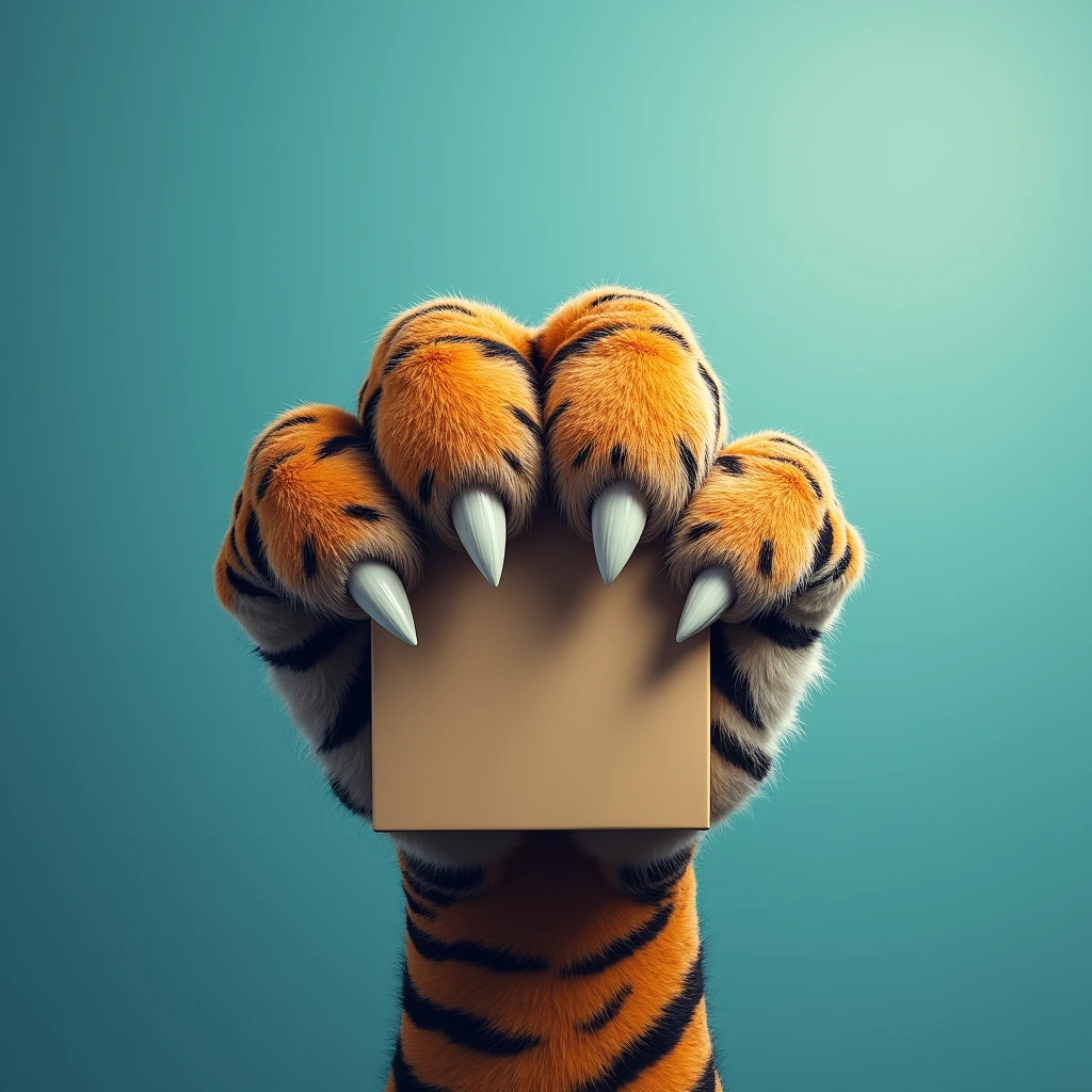 Generate me an image where I can only see a tiger paw holding a cereal box that measures 28.6 cm high, 19.2 cm wide and 5.7 cm thick and the background is a horizontal linear gradient from #134cb9 to #00abff