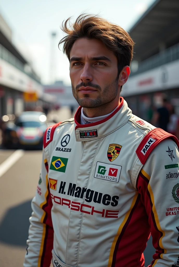 (Photorealism:1.2), Porsche Cup male driver with brown hair and eyes in front of the pitlane 8k ultra realistic write in The suits H.Marques with Brazil flag