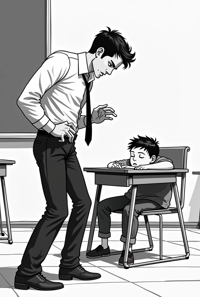 Black and white 2D drawing of a teacher yelling at a sleeping student