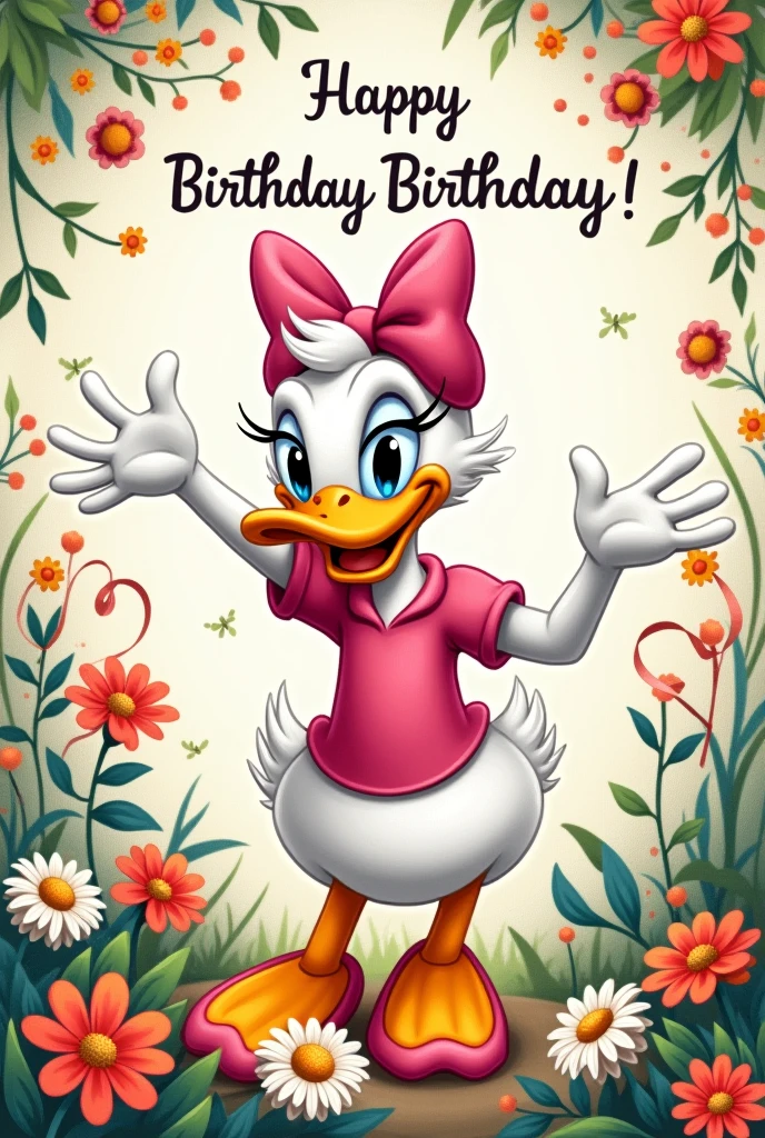 I need a birthday card with a Daisy Duck theme and the following message "Also, as well! today, I want to wish you the happiest of birthdays. May this day be filled with celebration, Tight hugs and sincere smiles with the people you love the most. I hope to celebrate many more years with you..
Happy birthday. May 30!"