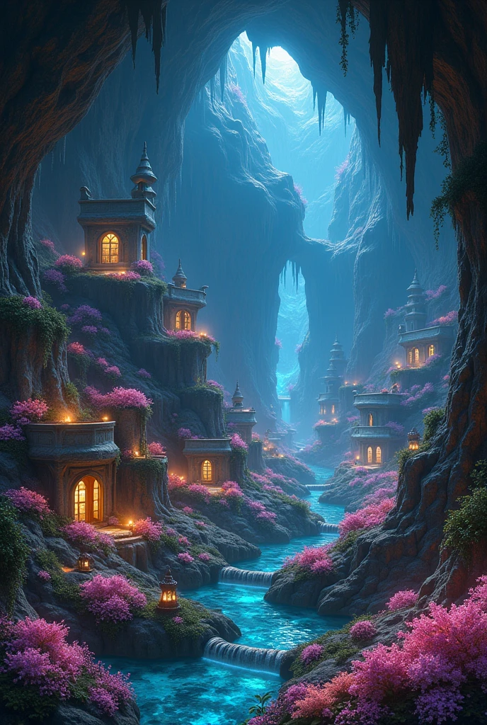 An under groud luch civilisation full with house and flower in side a butiful cave no sky glowing flower