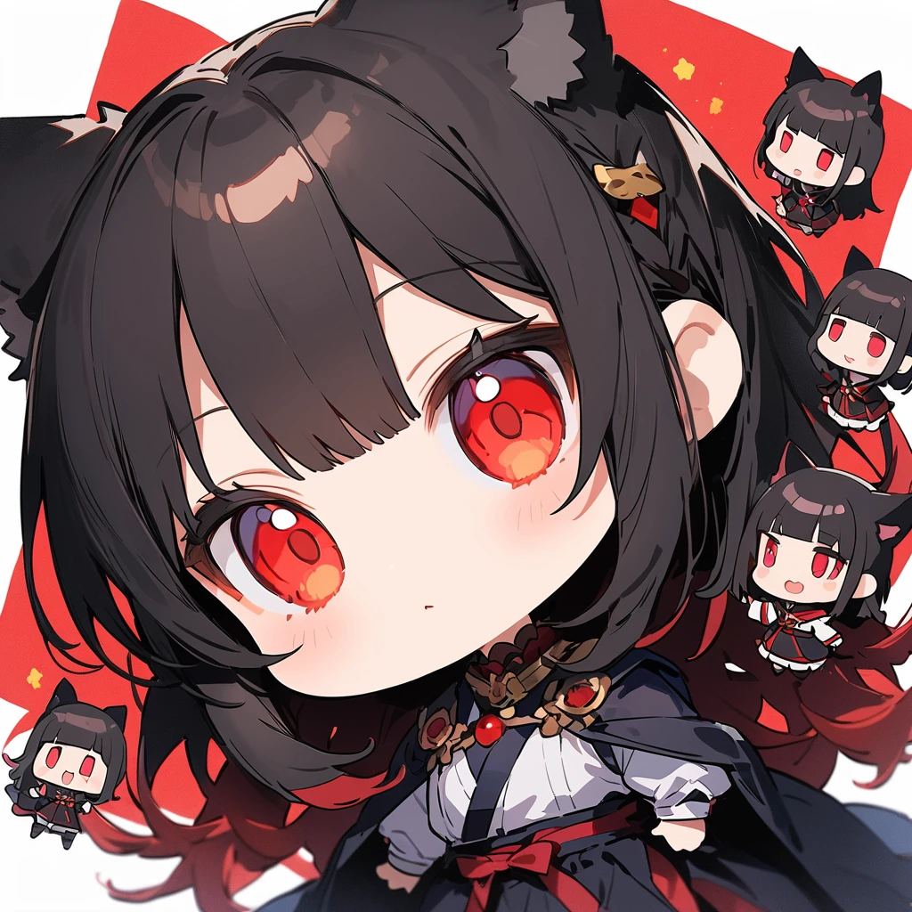 masterpiece, best quality, 非常にdetailedな, number, A girl, Black long hair,There is a cat on the head, Bright red eyes, Wolf ears, Black cape, Fluffy collar, morning、(Chibi characters:1.6)、(best quality、masterpiece、high resolution、detailed)、Japanese cartoonsスタイル、Flat style、(Shining eyes、detailed美しい顔), rest、extremely detailed、High Saturation,Dynamic Angle、Japanese cartoons
