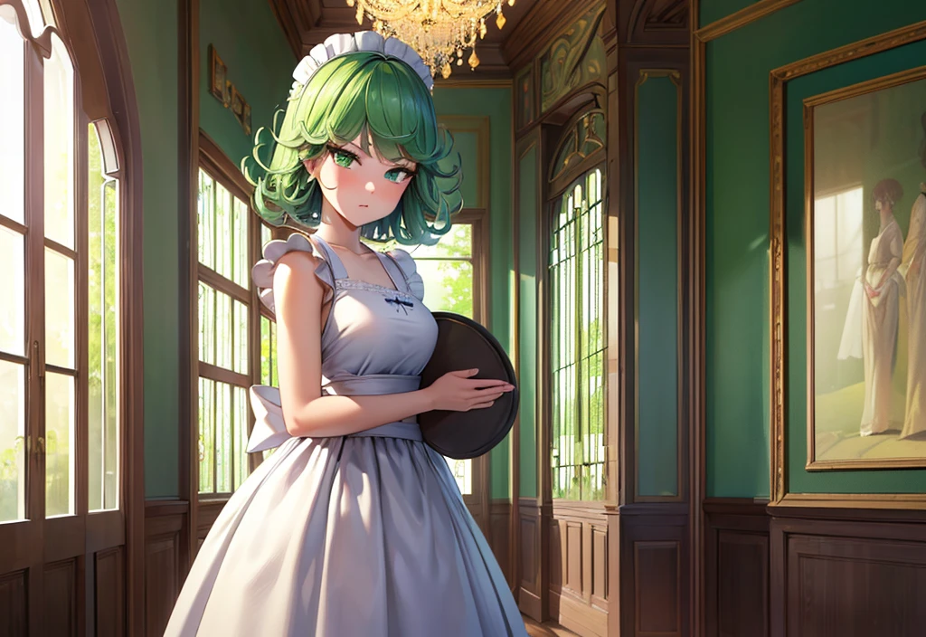 (high res, 8K, masterpiece, looking at viewer, best quality, very aesthetic, ultra detailed, ultra background, ultra Eyes) intricate details, 1girl, Tatsumaki, Maid dress, Wearing a Bando Maid, green short hair, green eyes, Shy Face, Cheeks Flushed, Standing with a tray of tea, Background Dining Room, Cinematic Angle